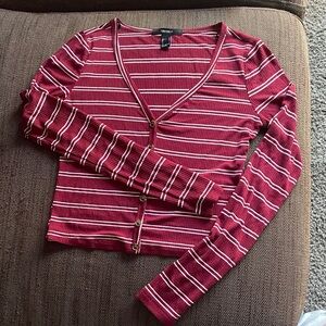Forever 21 Burgundy and White Striped V-Neck Blouse